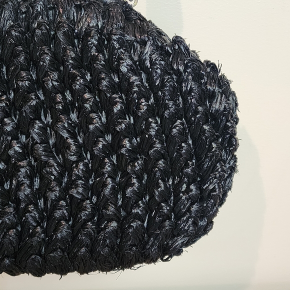 Vintage Wood Handle Purse Made in Japan Black Woven Acrylic Bowling Bag Shape - Picture 5 of 10